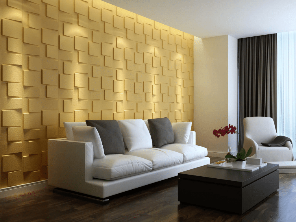 Modern living room with golden 3D wall and elegant white furniture.