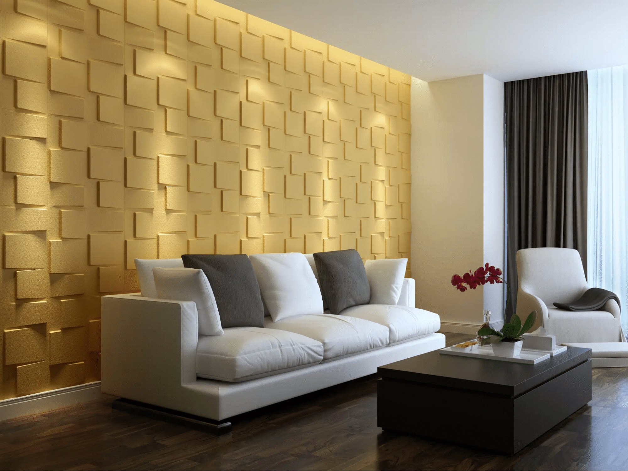 Modern living room with golden 3D wall and elegant white furniture.