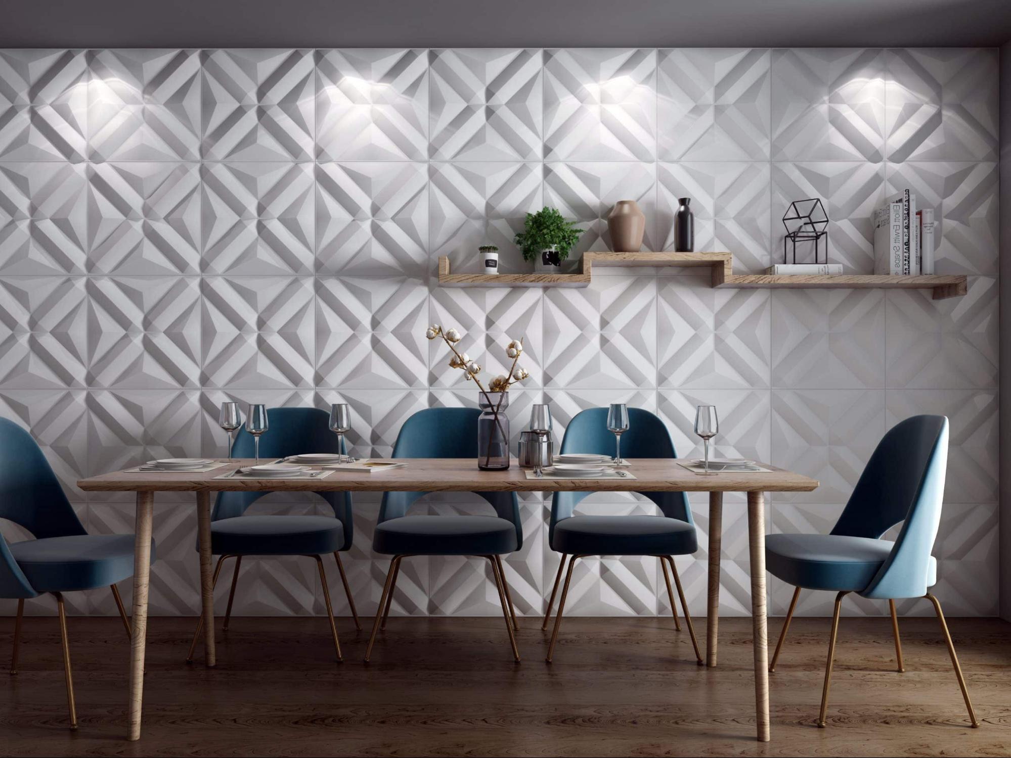 Modern dining room with geometric walls, wooden table, blue chairs, and cozy lighting.
