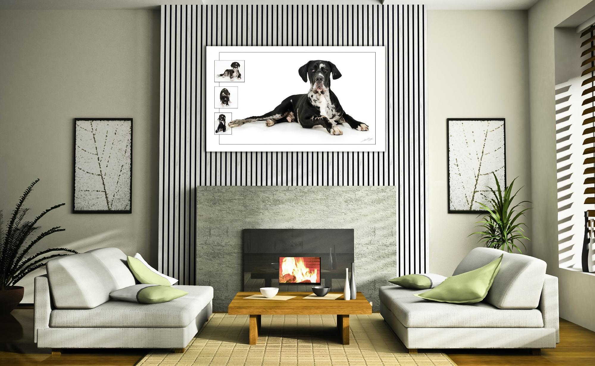 A cozy living room featuring an artwork and a fireplace.