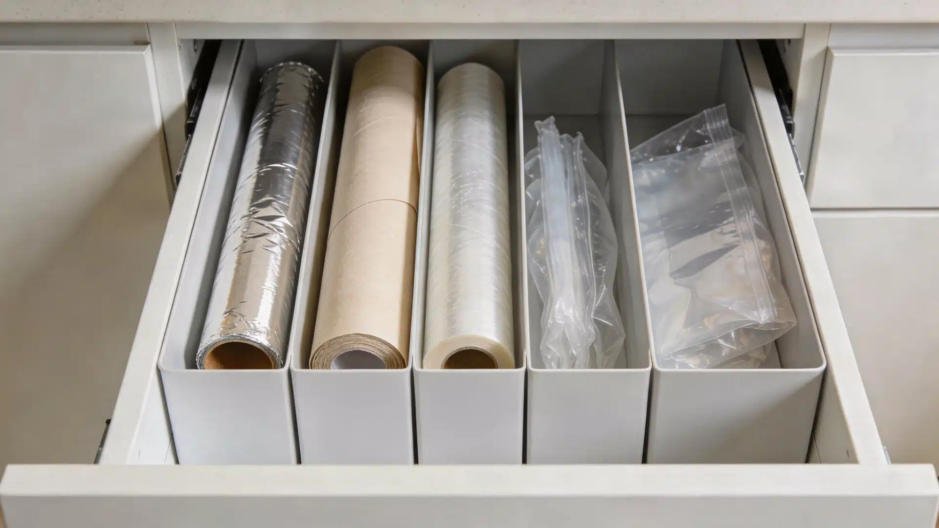 An open kitchen drawer neatly organizes rolls of aluminum foil, parchment paper, plastic wrap, and plastic storage bags in vertical white dividers.