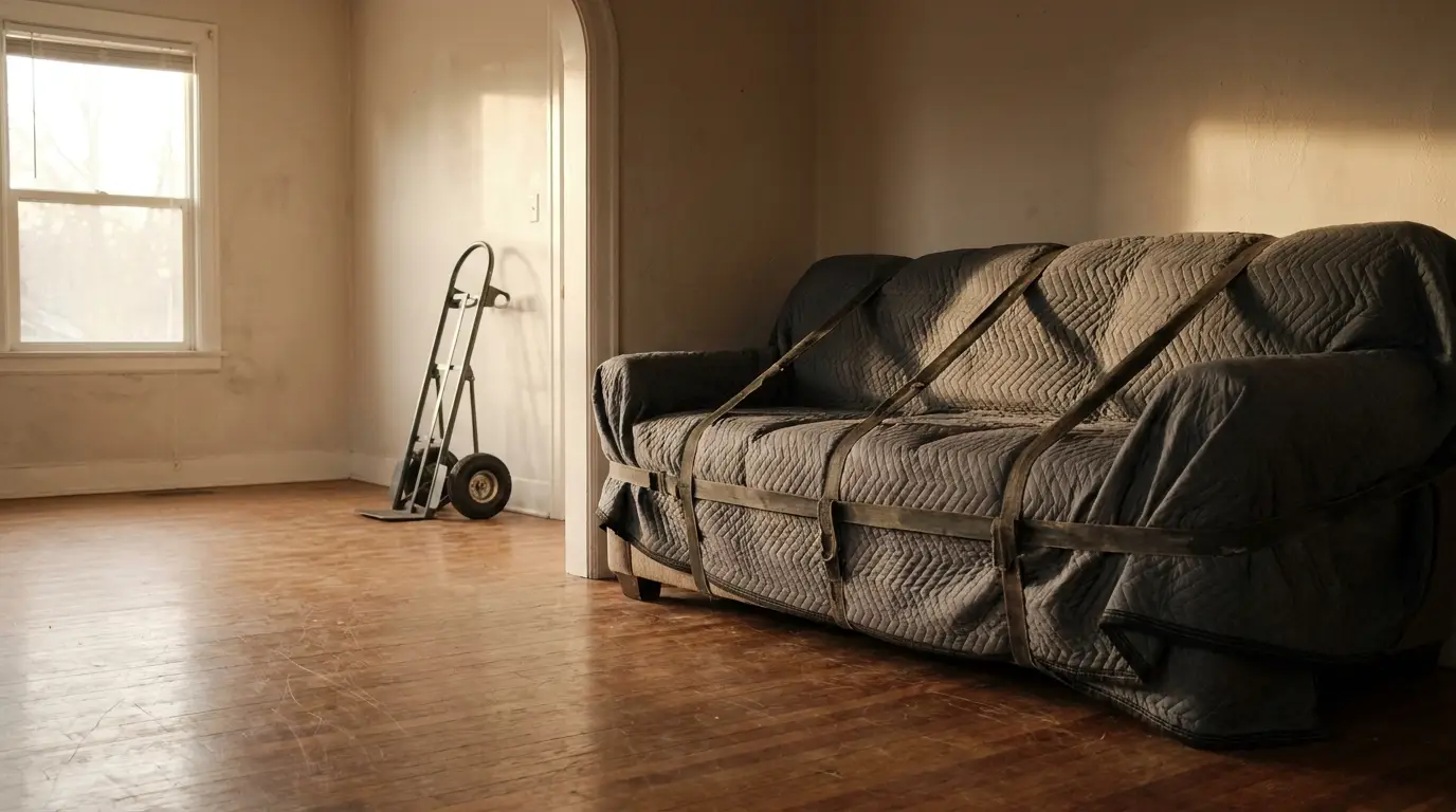 Couch covered and strapped in empty room with moving dolly near large window