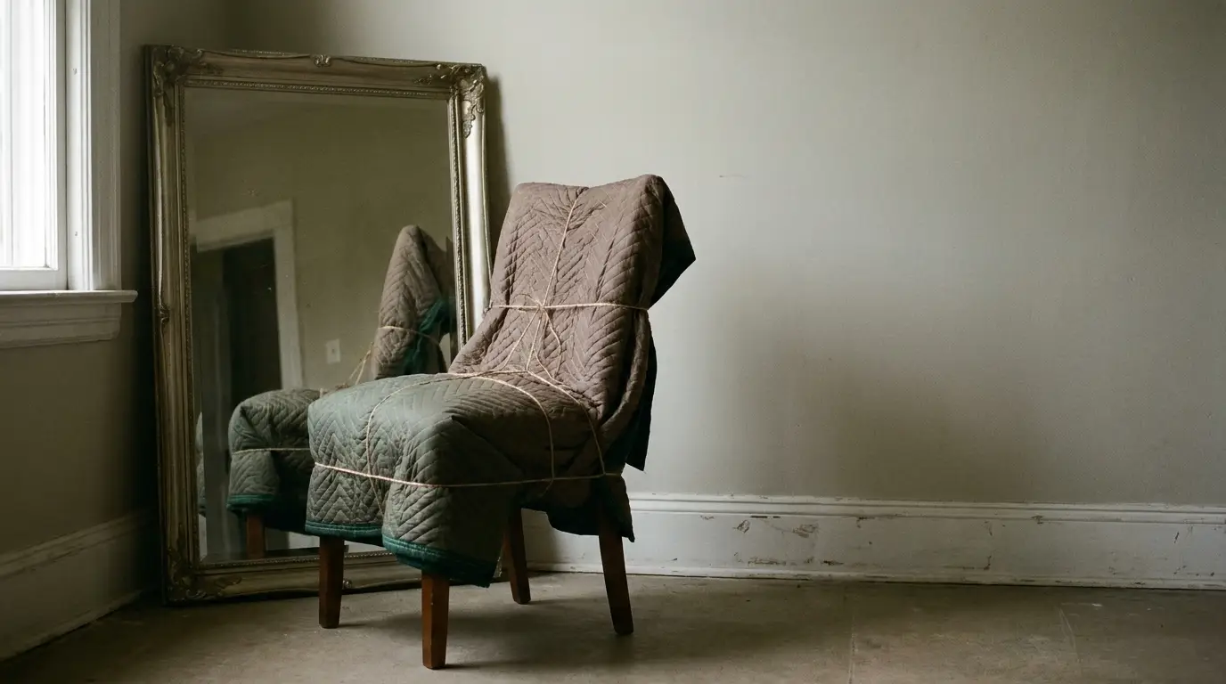 Chair wrapped in padded blankets tied with rope beside large ornate mirror in empty room