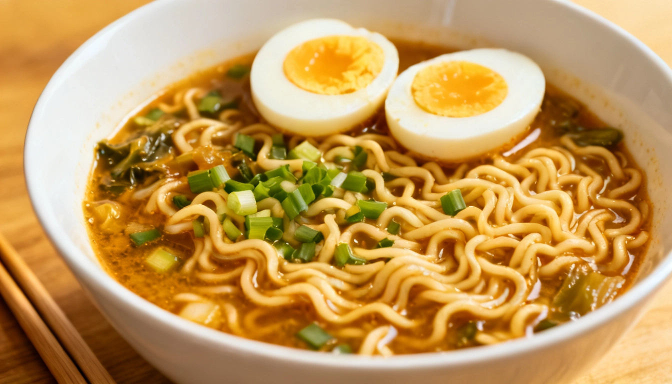 Ramen noodles topped with soft-boiled eggs and sliced green onions in a bowl.