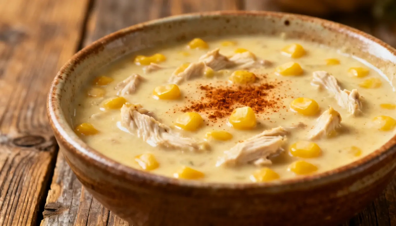 Creamy chicken corn soup in a bowl, featuring chunks of chicken and bright yellow corn kernels.