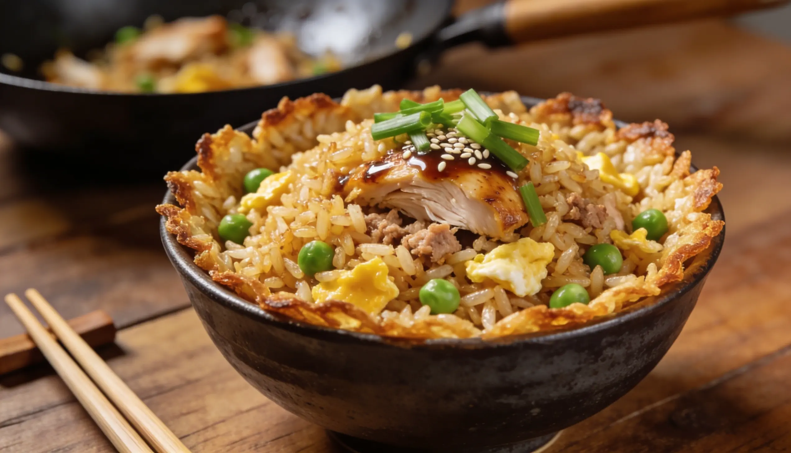 A bowl filled with chicken fried rice, mixed with egg and peas, offering a vibrant and delicious meal option.