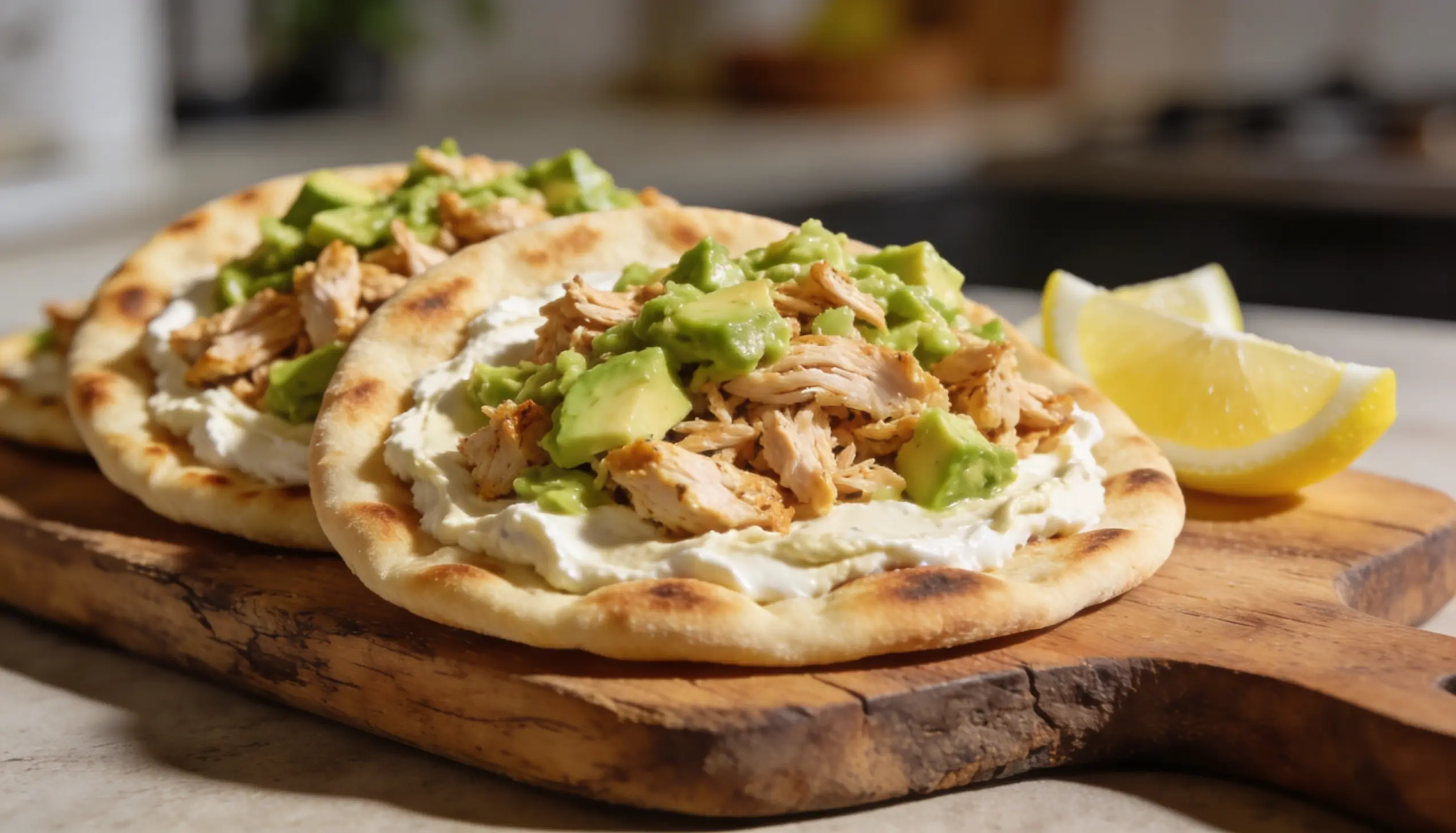 Two flatbreads topped with sliced chicken and avocado, arranged neatly on a white plate.