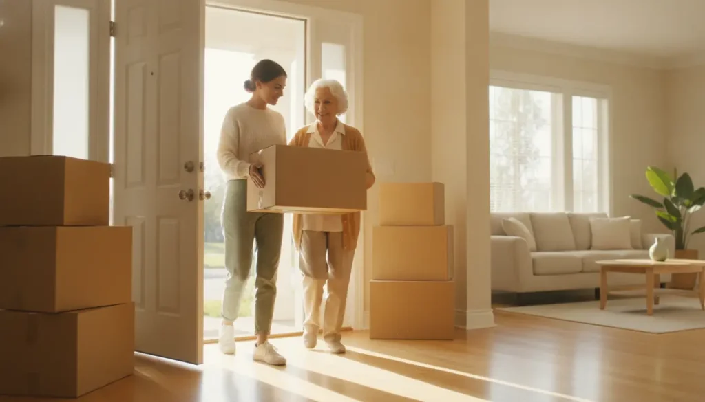 Woman helping older woman carry cardboard box in sunlit living room with stacked boxes