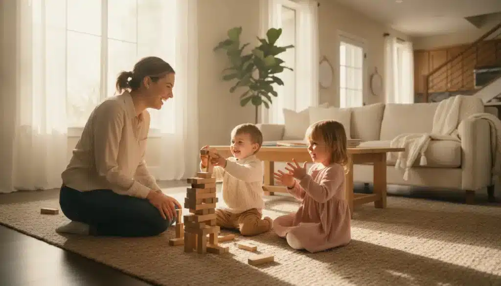 Adults and children playing with wooden blocks on carpet in bright living room