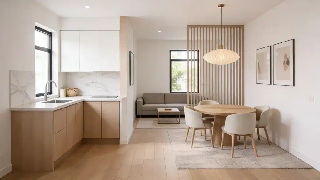 A small house open concept kitchen and living room featuring light wood cabinetry in the kitchen and a round dining set