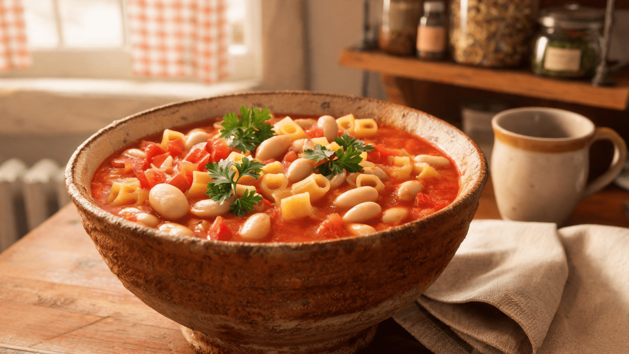 Fresh Italian pasta e fagioli soup in a rustic bowl with beans, pasta, and herbs.