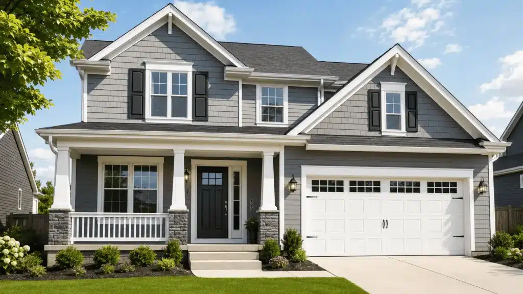 Freshly repainted suburban house with gray siding, white trim, and clean landscaped front yard