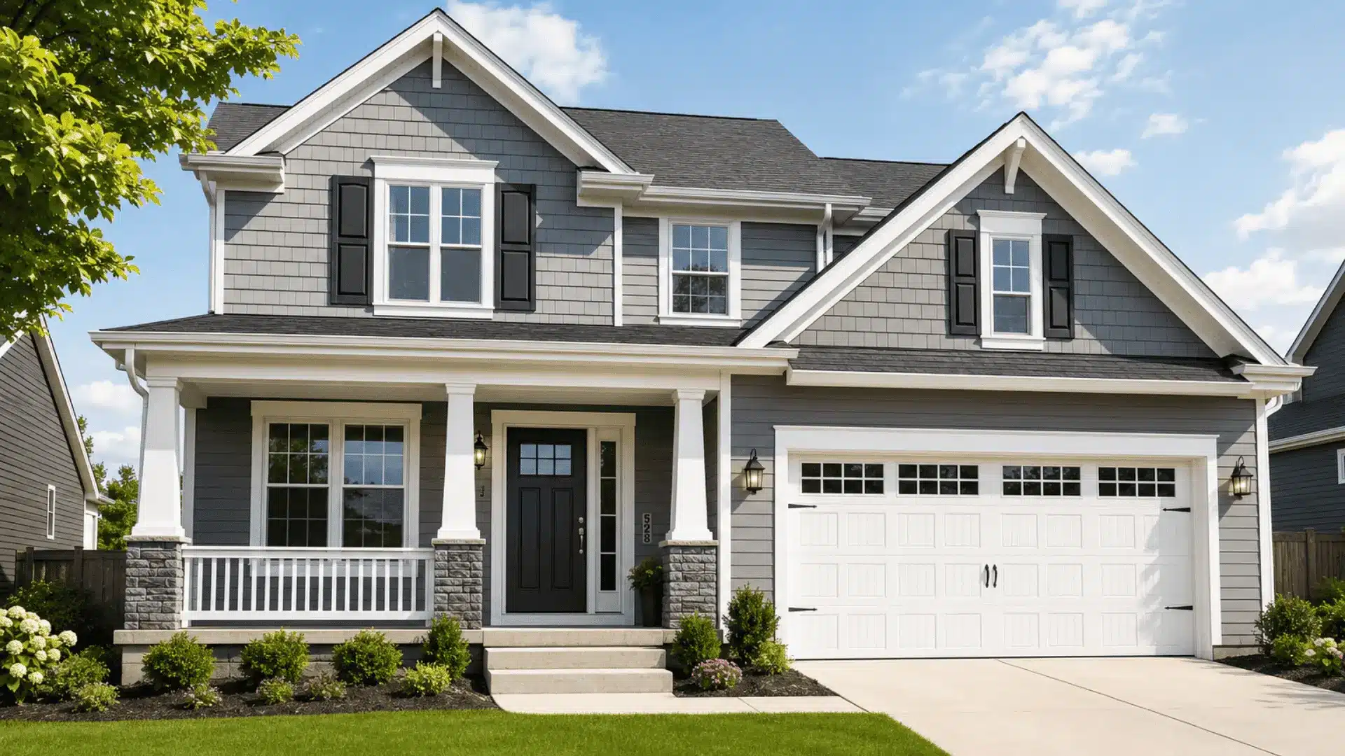 Freshly repainted suburban house with gray siding, white trim, and clean landscaped front yard