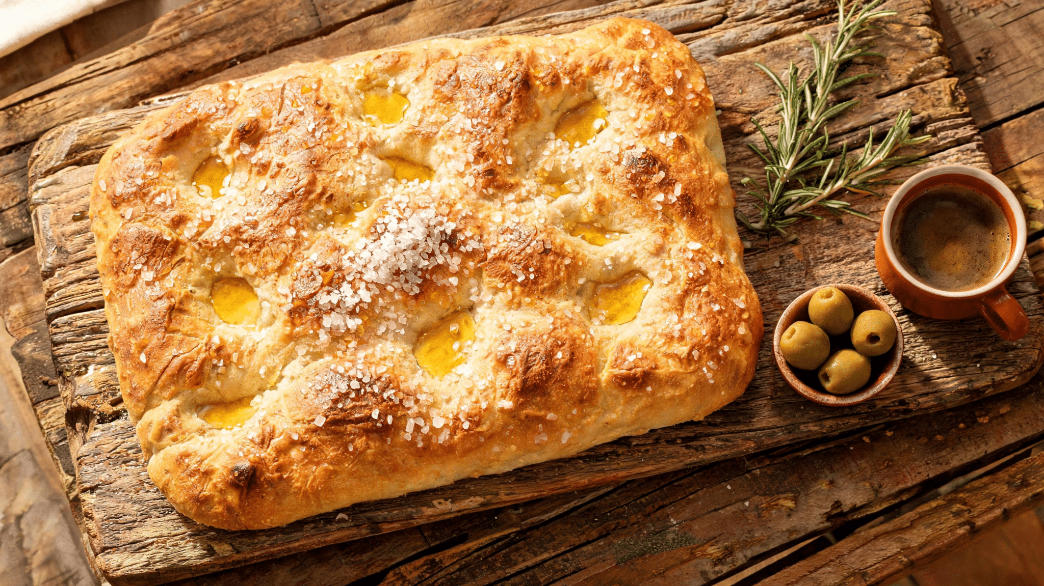 Golden focaccia on a wooden board with olive oil, rosemary, coarse salt, and cup of coffee.