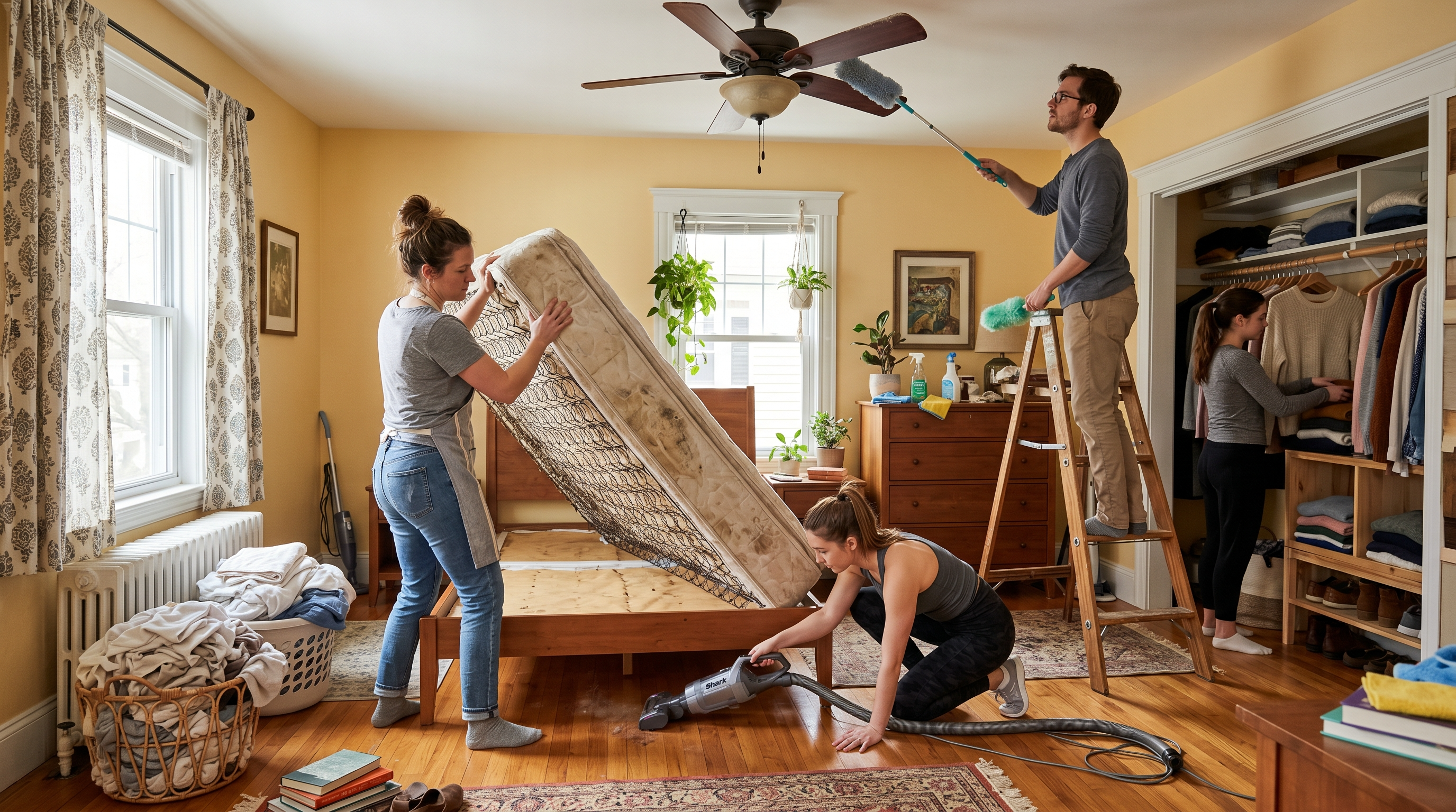 Four people cleaning a bedroom: flipping mattress, vacuuming floor, dusting fan, organizing closet.