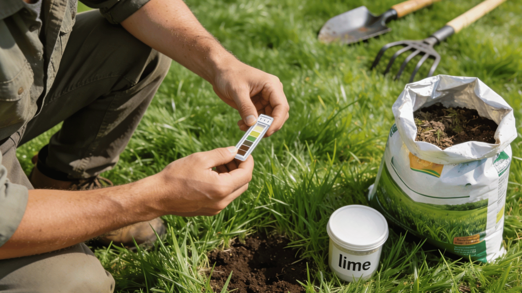 a gardener testing soil pH with a small soil test kit, a bag of lawn fertilizer nearby, and a small container of lime