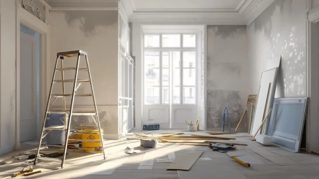 Renovation scene with ladder and tools in an unfinished room with natural light