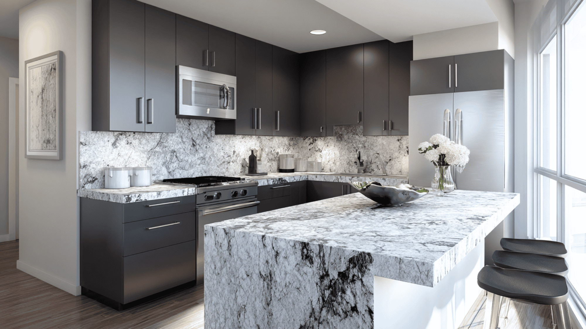Solid Absolute Black granite countertop with a smooth, uniform, dark matte finish.