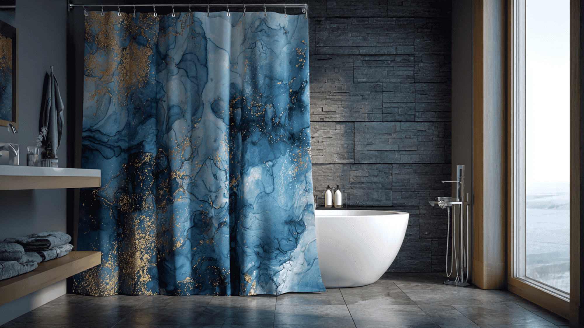 abstract blue marble shower curtain in a modern luxury bathroom with dark stone walls