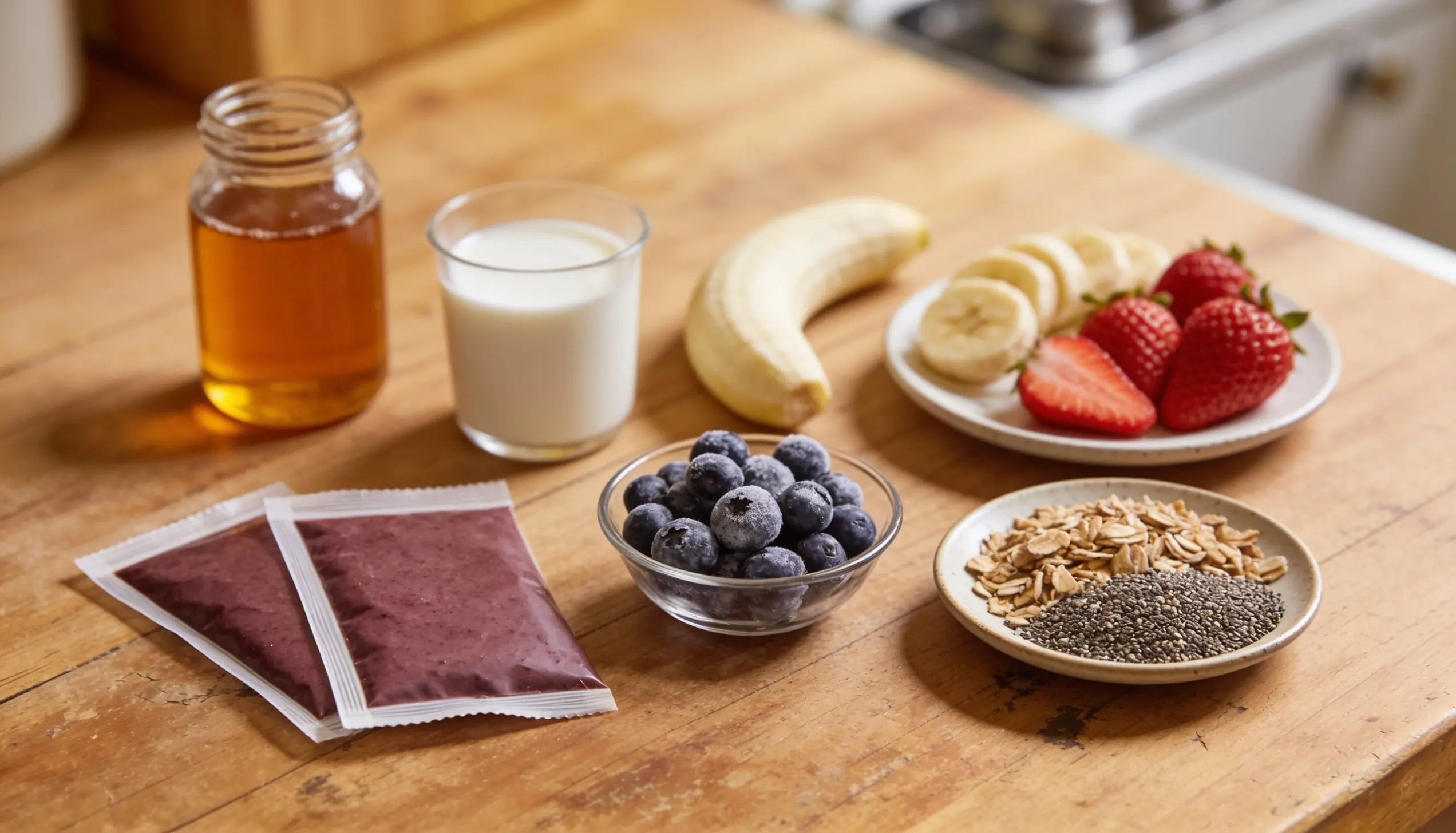 Smoothie ingredients including blueberries, strawberries, banana, milk, honey, chia seeds, oats, and two packets of acai puree are arranged on a wooden table.