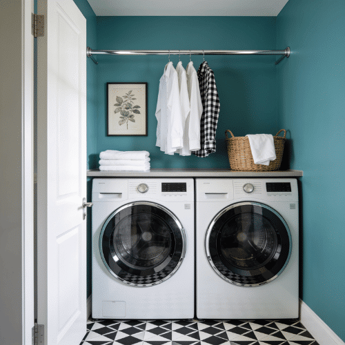 Modern teal laundry room with side-by-side washer and dryer, hanging clothes, and geometric tile
