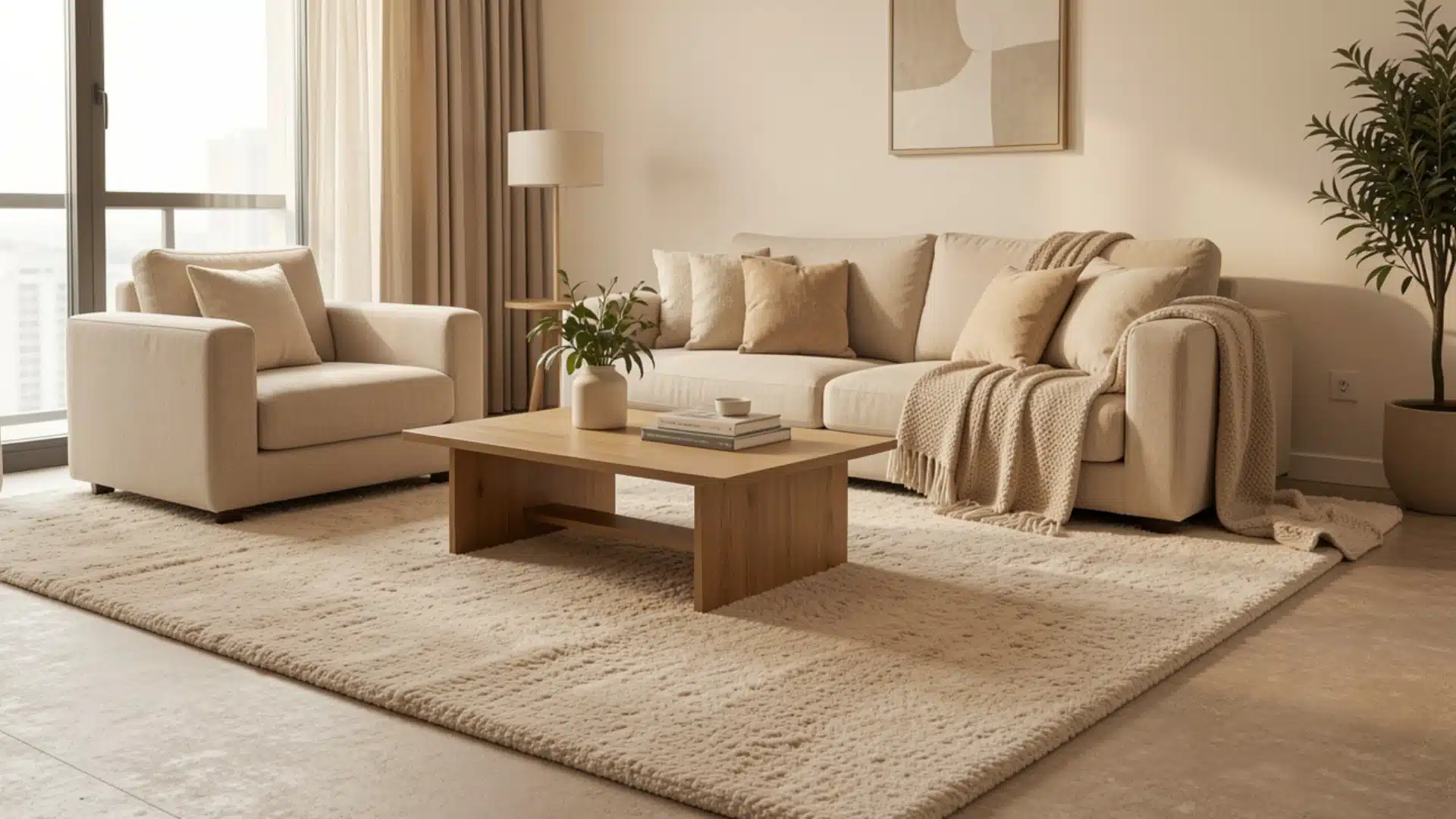 A cozy living room featuring beige furniture and a soft rug, creating a warm and inviting atmosphere.