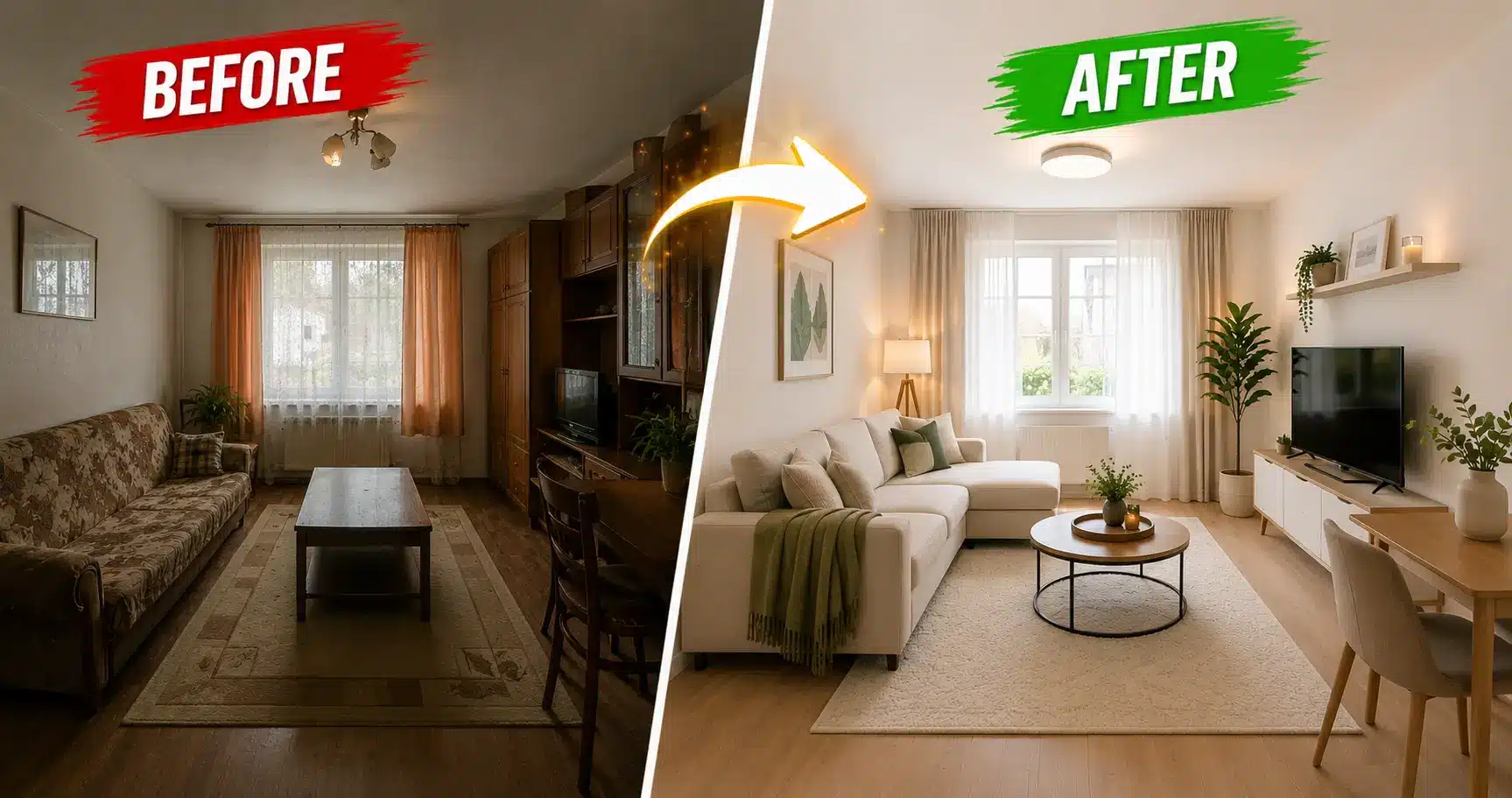 Living room transformation with modern beige sofa and light wood furniture in bright natural light