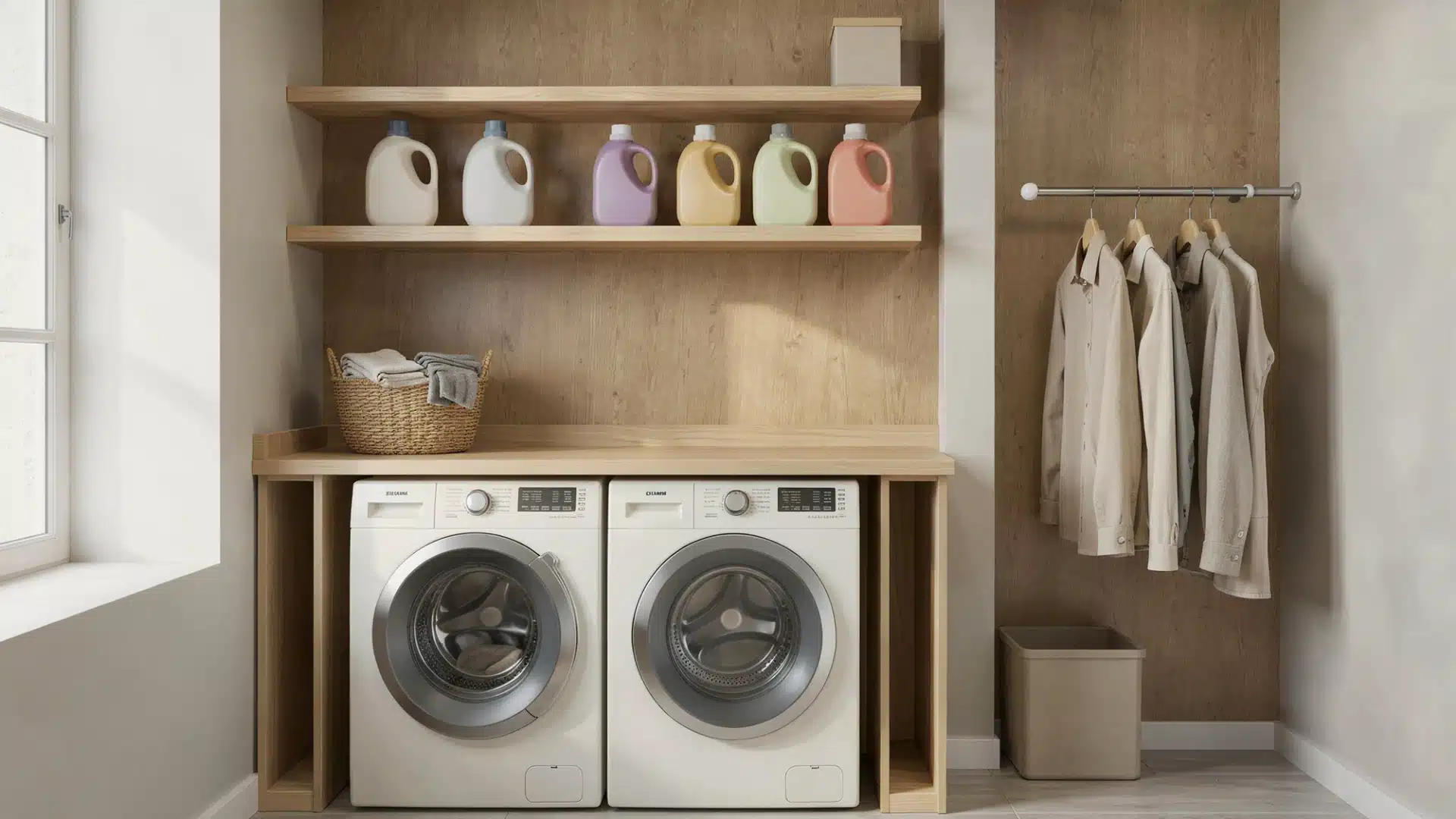 Two white washing machines under a wooden countertop with a laundry basket and bottles of detergent on shelves above