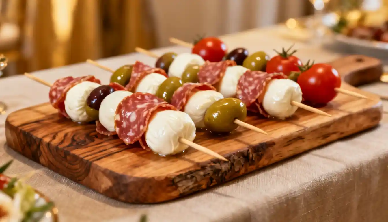 Caprese skewers with salami, mozzarella balls, olives, and cherry tomatoes on a wooden board.