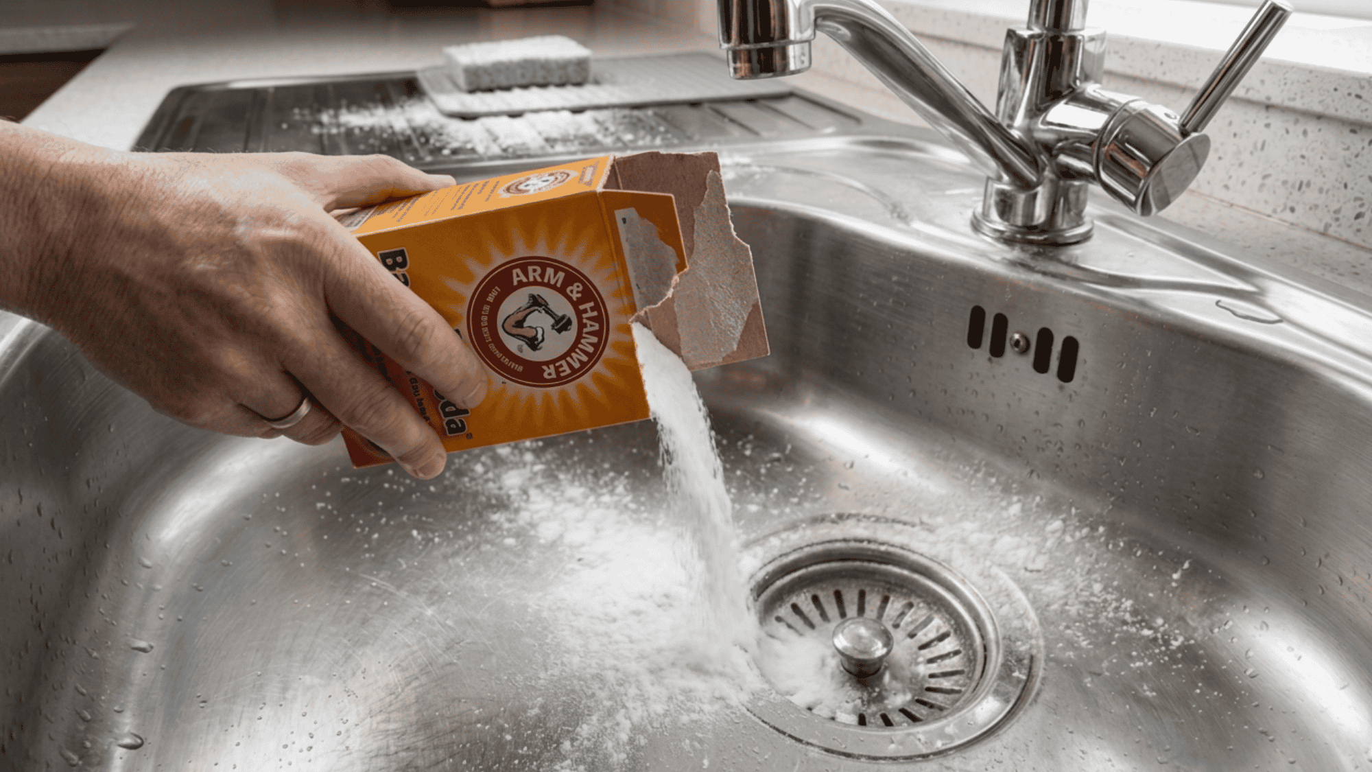 Baking soda being sprinkled generously across the bottom and sides of a damp stainless steel sink.