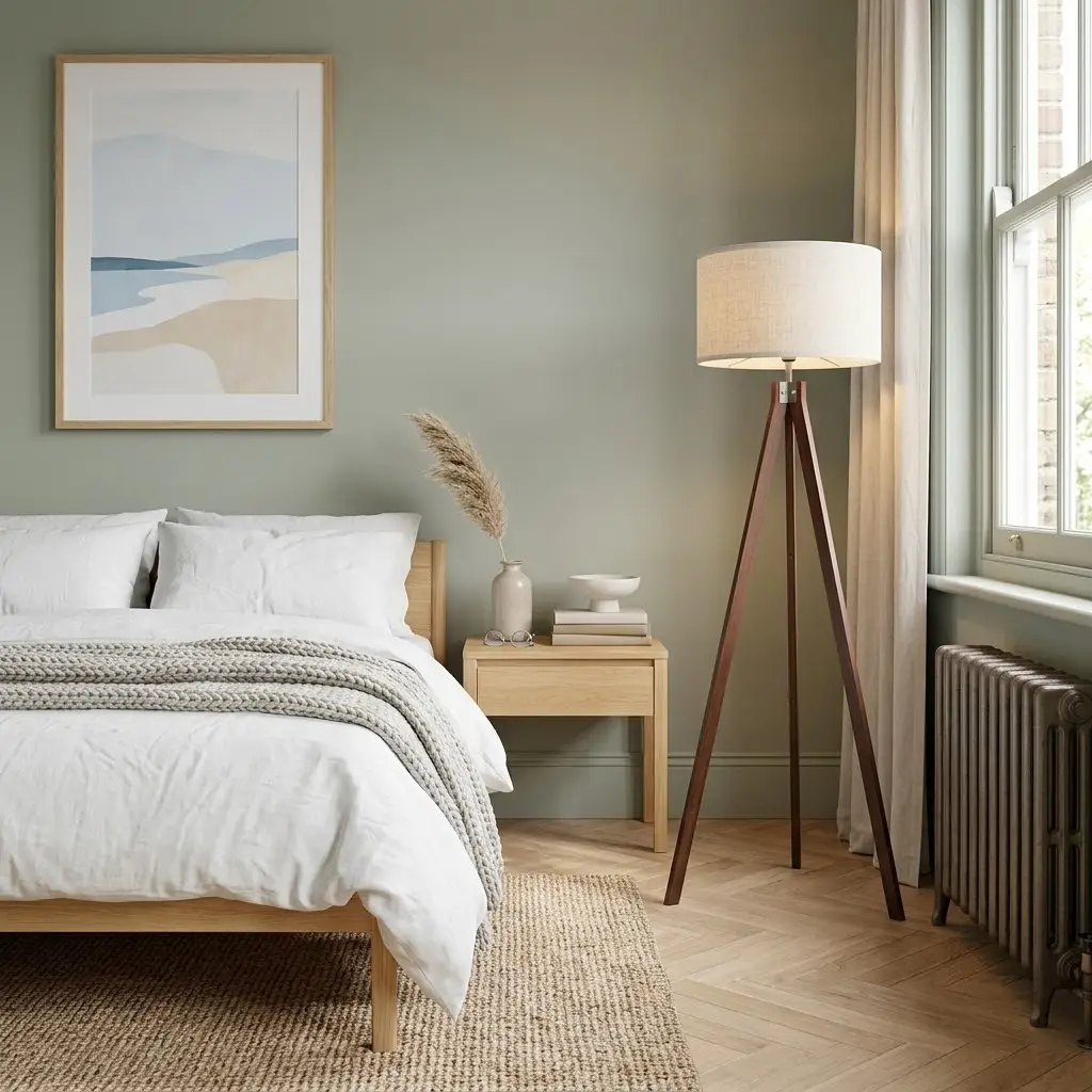 Minimalist bedroom with wooden bed, tripod lamp, neutral decor, and large window with natural light