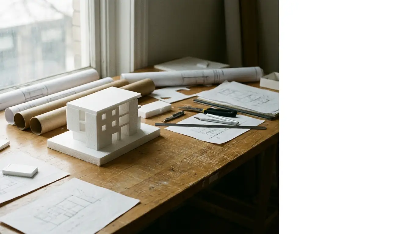 Architectural foam model on wooden desk with blueprints and drafting tools near window