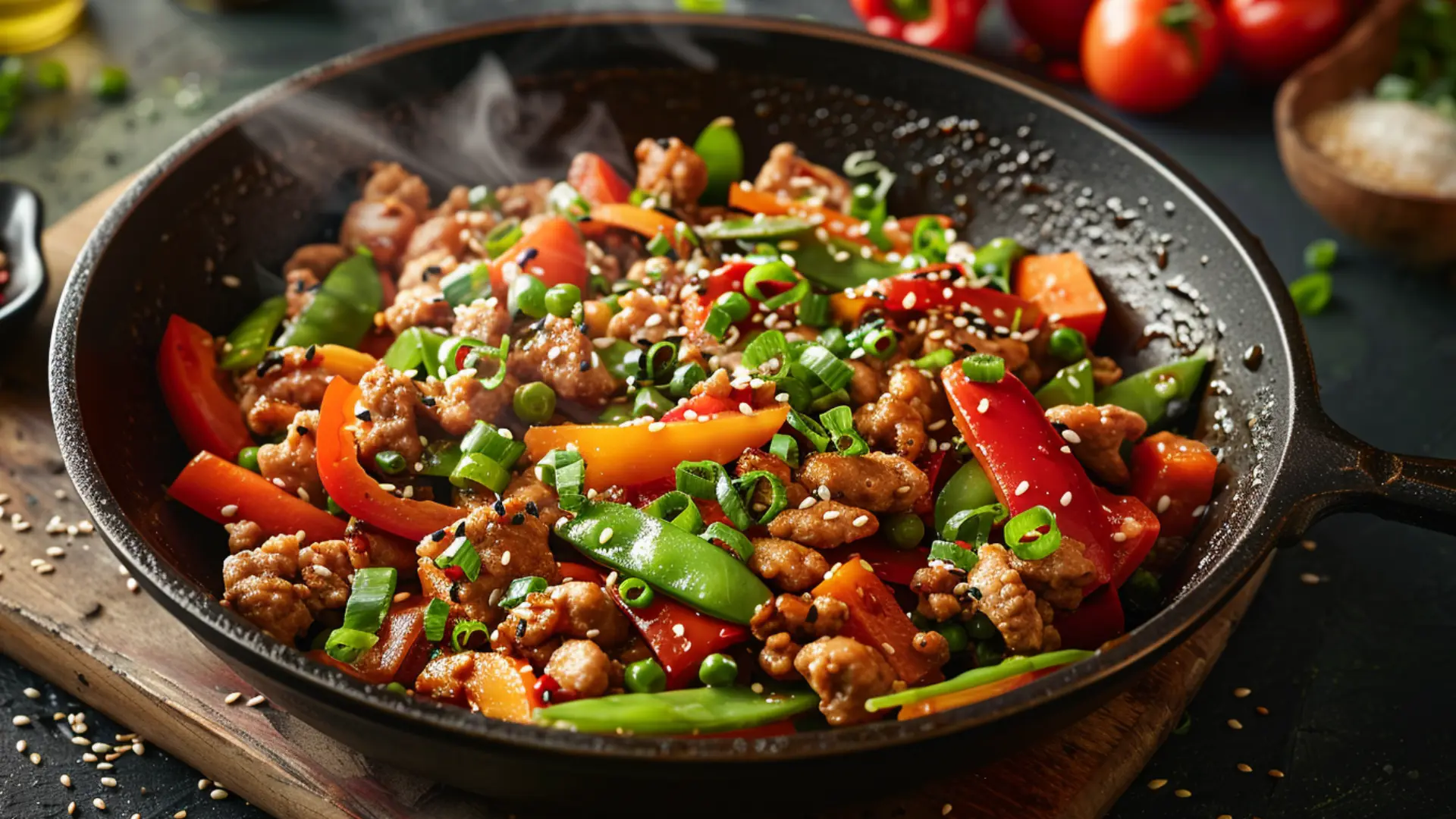 Center focused Asian style ground chicken stir fry with bell peppers snap peas and carrots in soy and sesame sauce garnished with chopped green onions and sesame seeds
