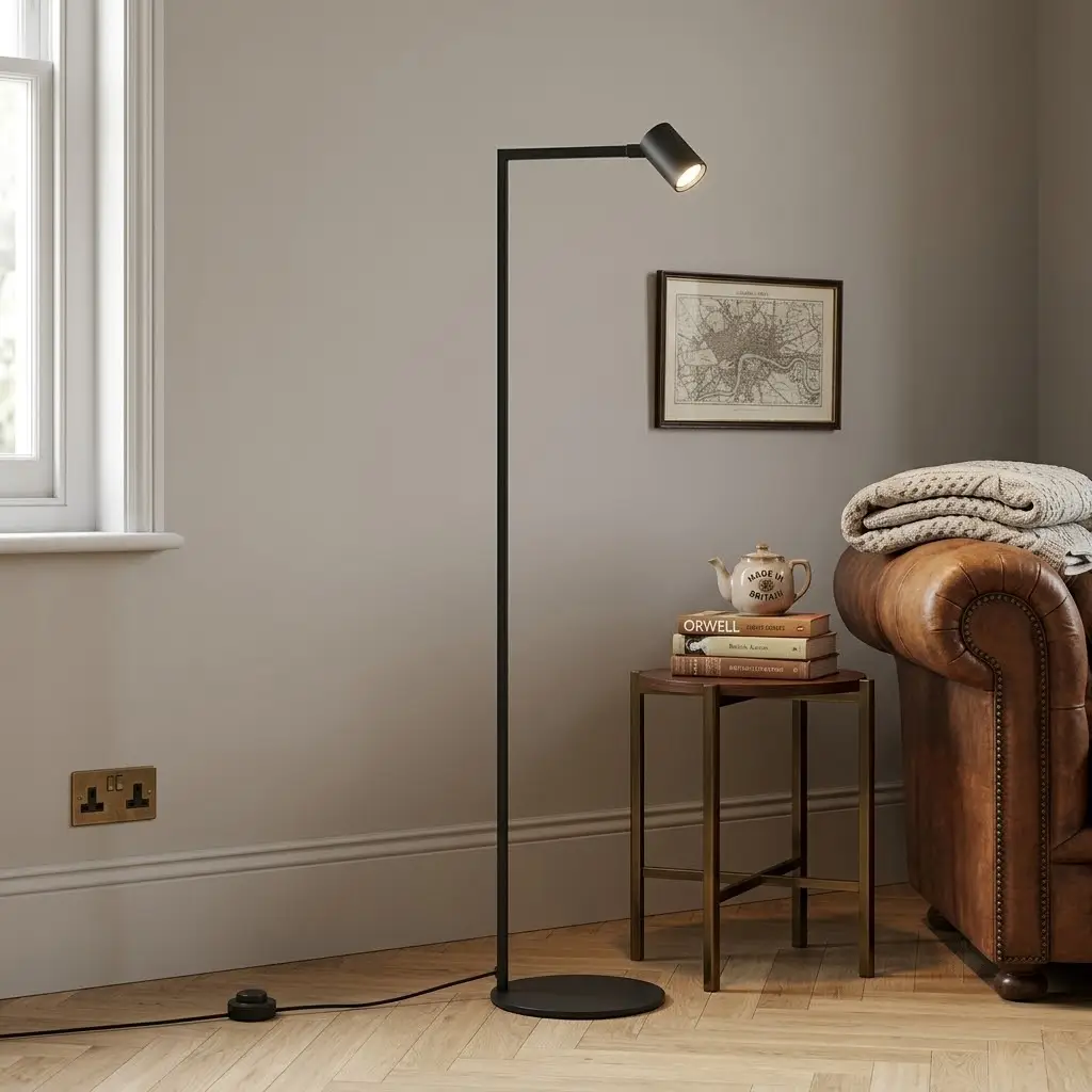 Black floor lamp beside leather sofa in cozy living room with wooden side table