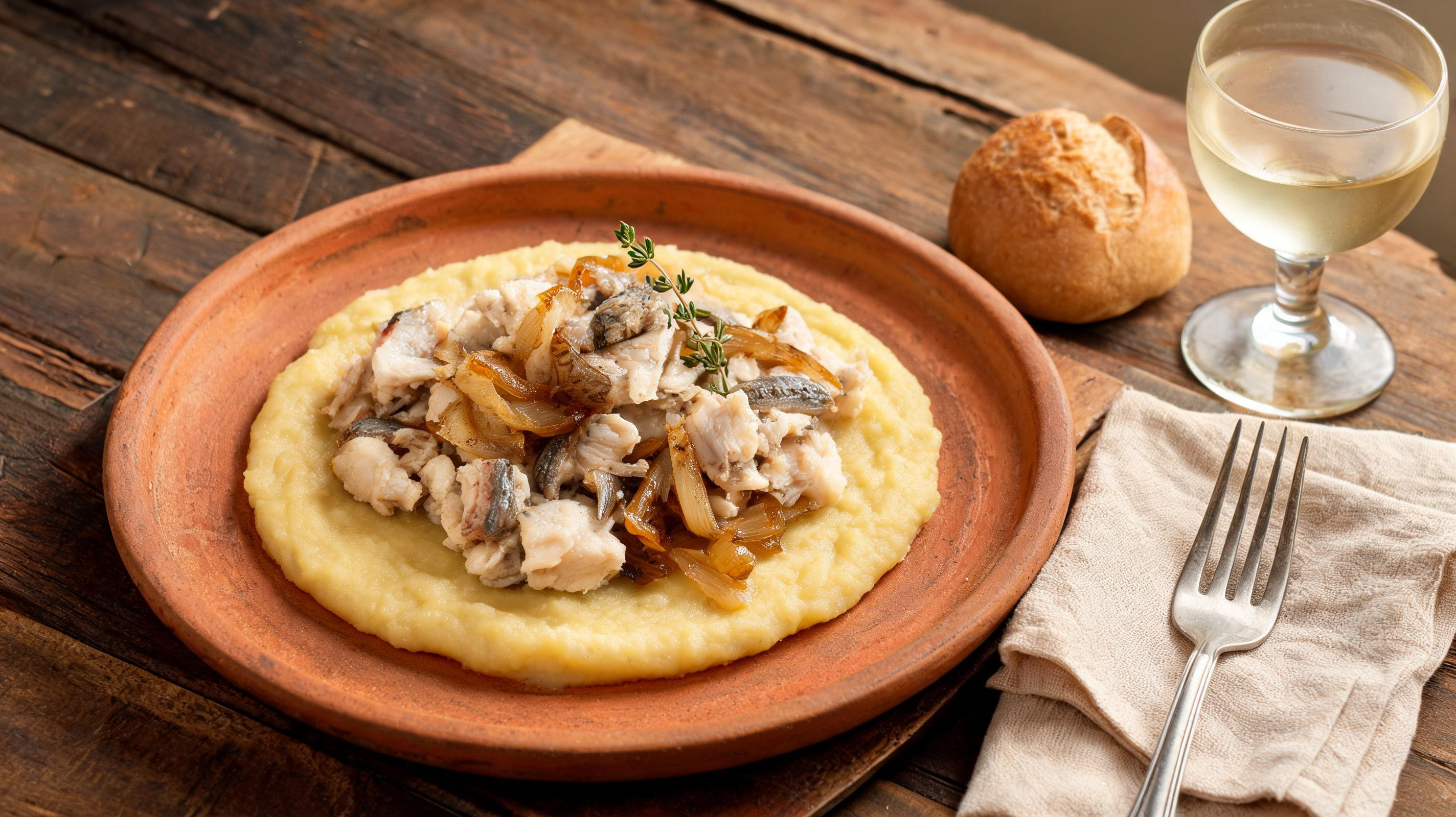Creamy polenta topped with shredded salted cod, caramelized onions, and fresh herbs.