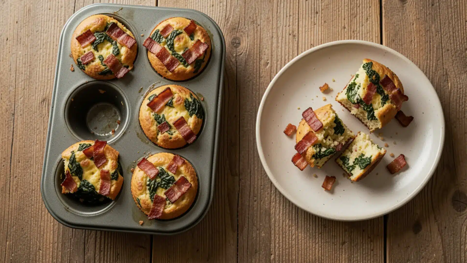 Savory muffins with spinach and bacon in a muffin tin and on a plate
