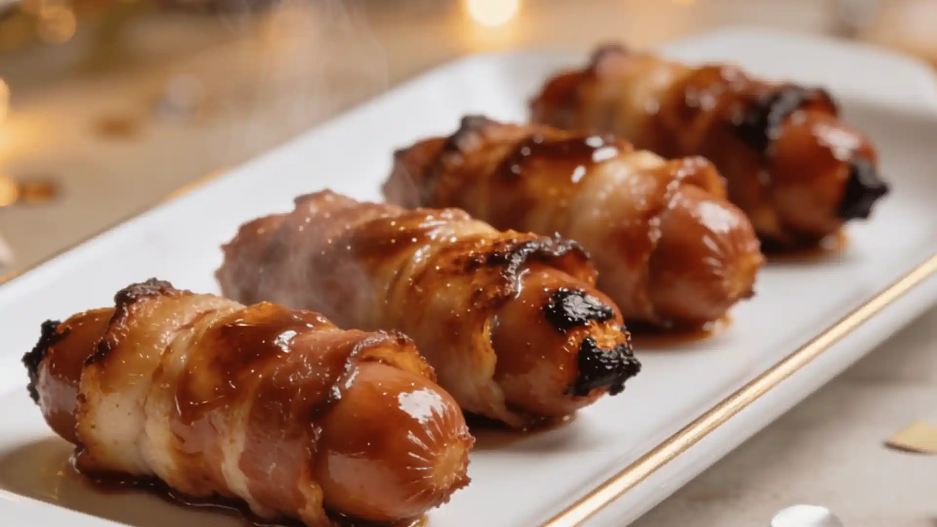 Four glazed pigs in a blanket served on a white platter.