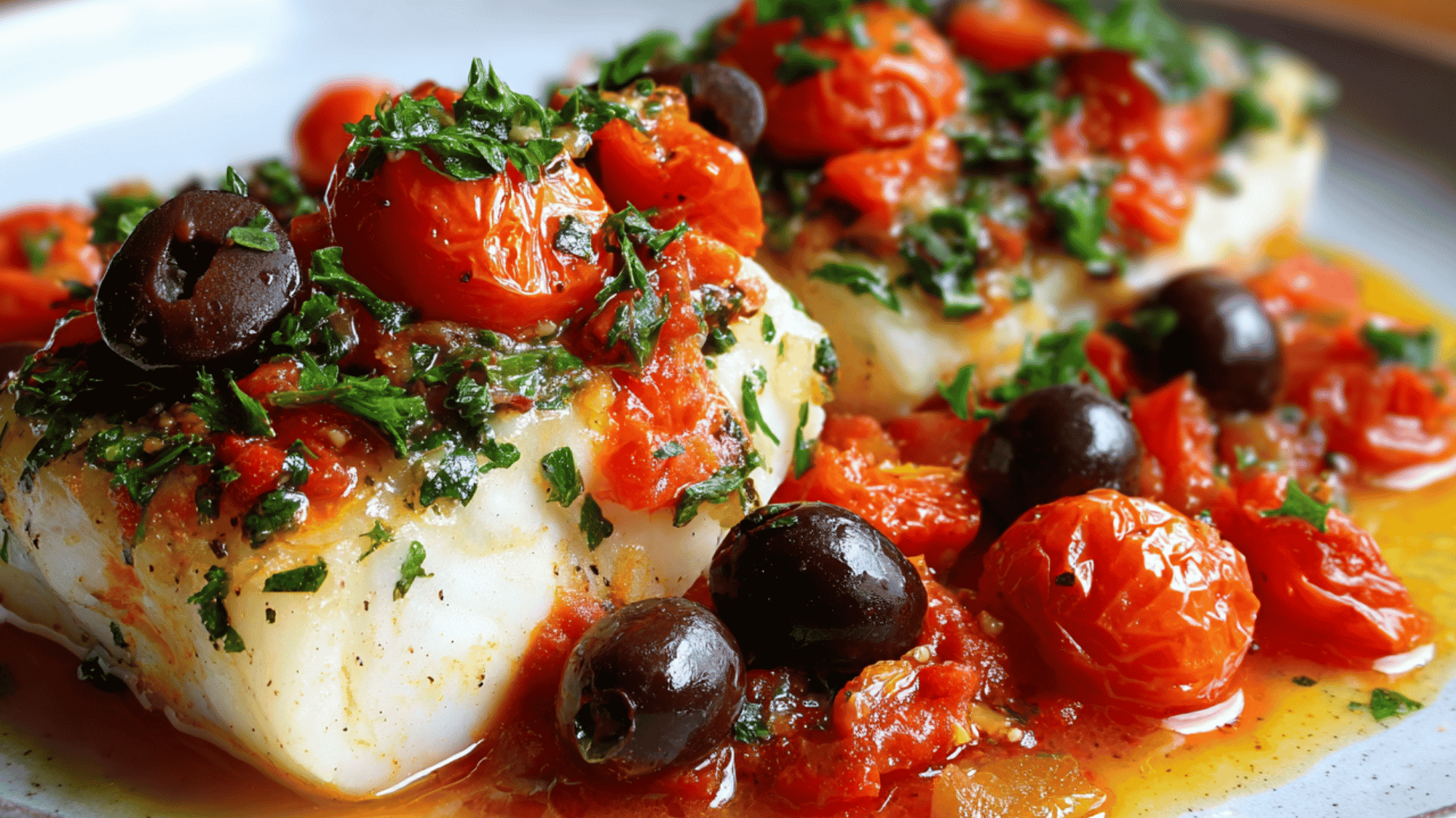 A baking dish featuring tender baked cod fillets covered in a Mediterranean mix of halved cherry tomatoes, sliced Kalamata olives, minced garlic, and fresh lemon juice.