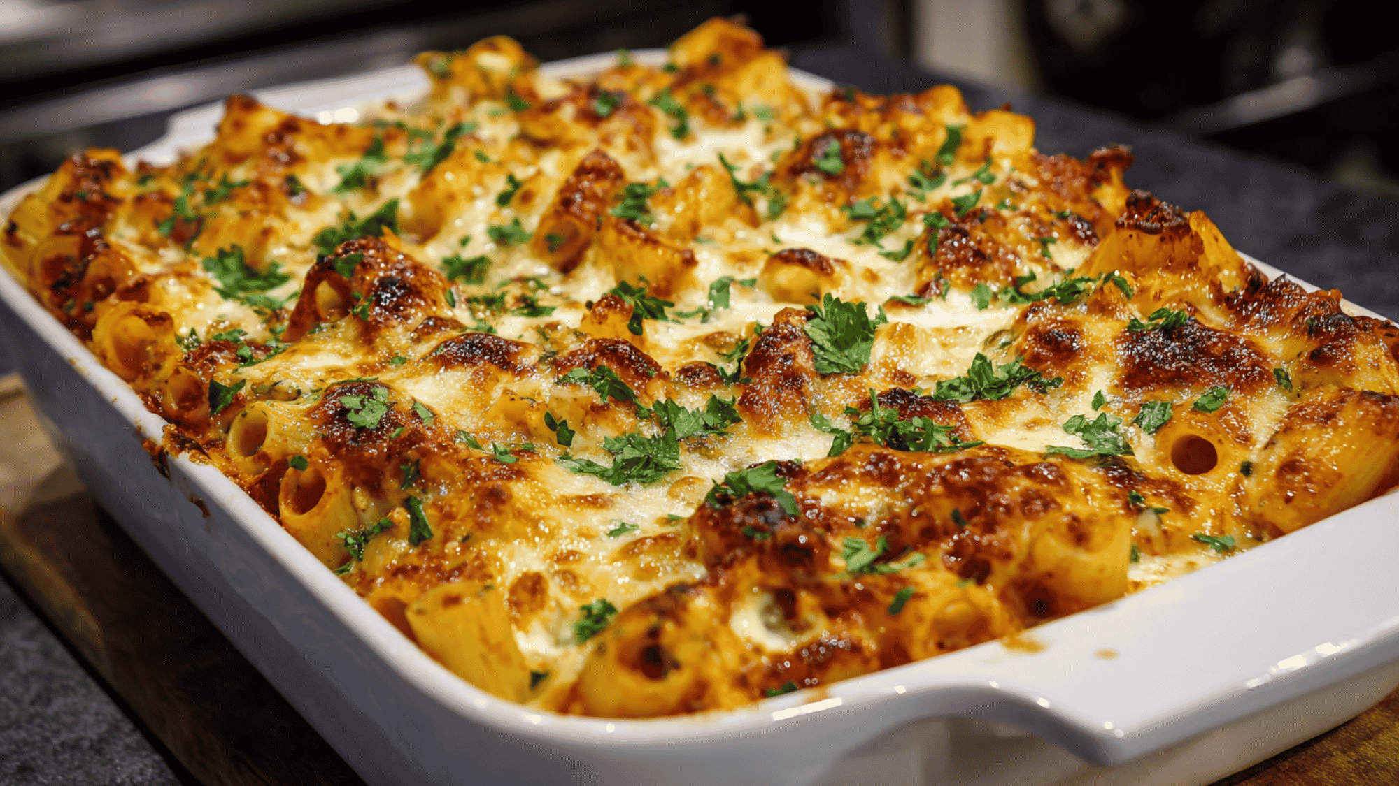 A comforting baking dish of hot ziti pasta topped with melted mozzarella.