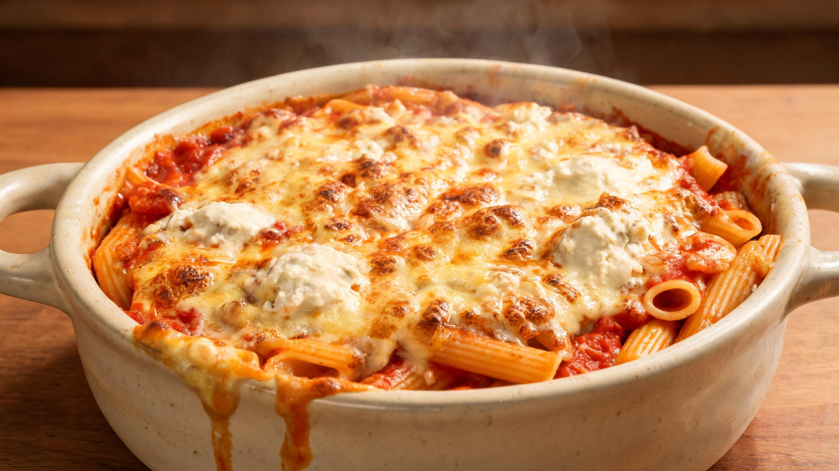 Golden-baked ziti pasta topped with melted cheese in a creamy tomato sauce.