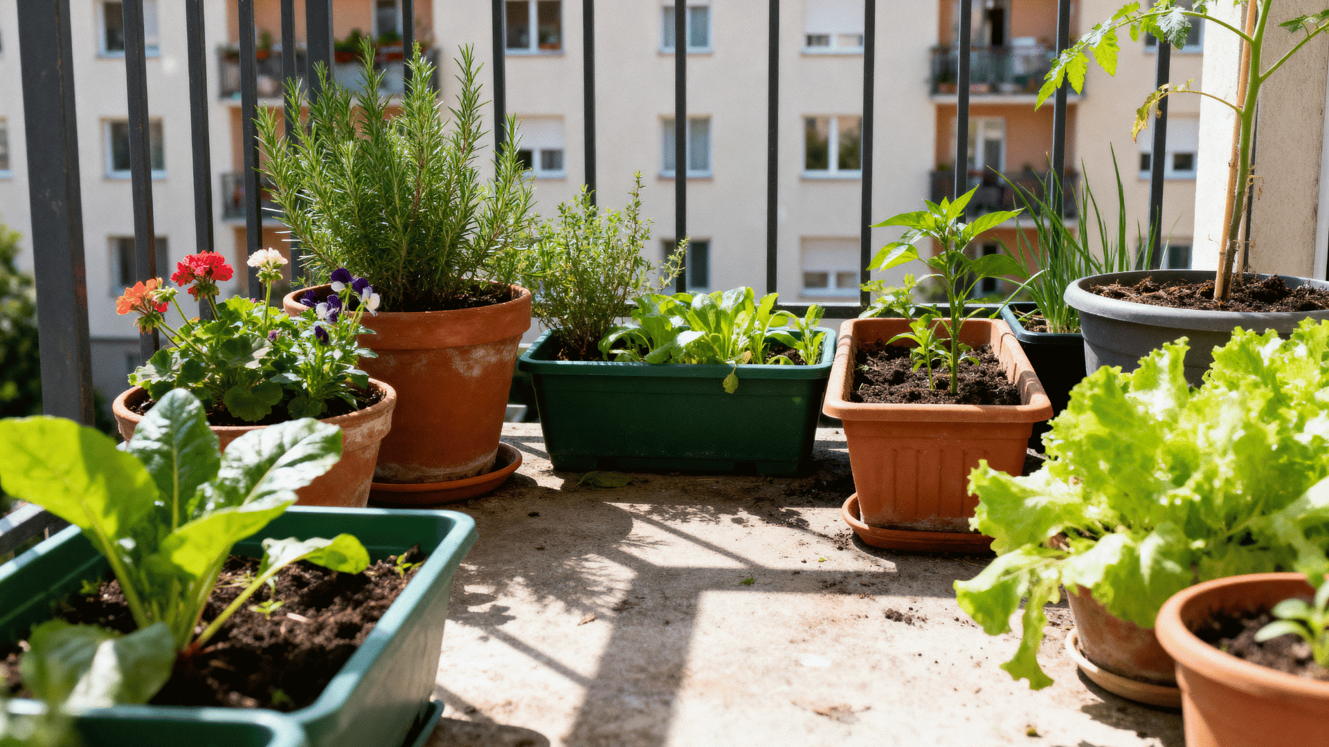 a small apartment balcony filled with potted herbs, flowers, and vegetable plants arranged in a cozy and natural home gardening setup