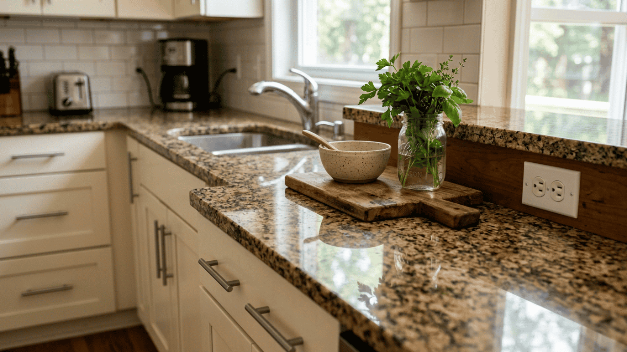 Polished Baltic Brown granite countertop displaying its distinctive texture of large, circular tan and gold mineral patterns on a dark brown and black background.