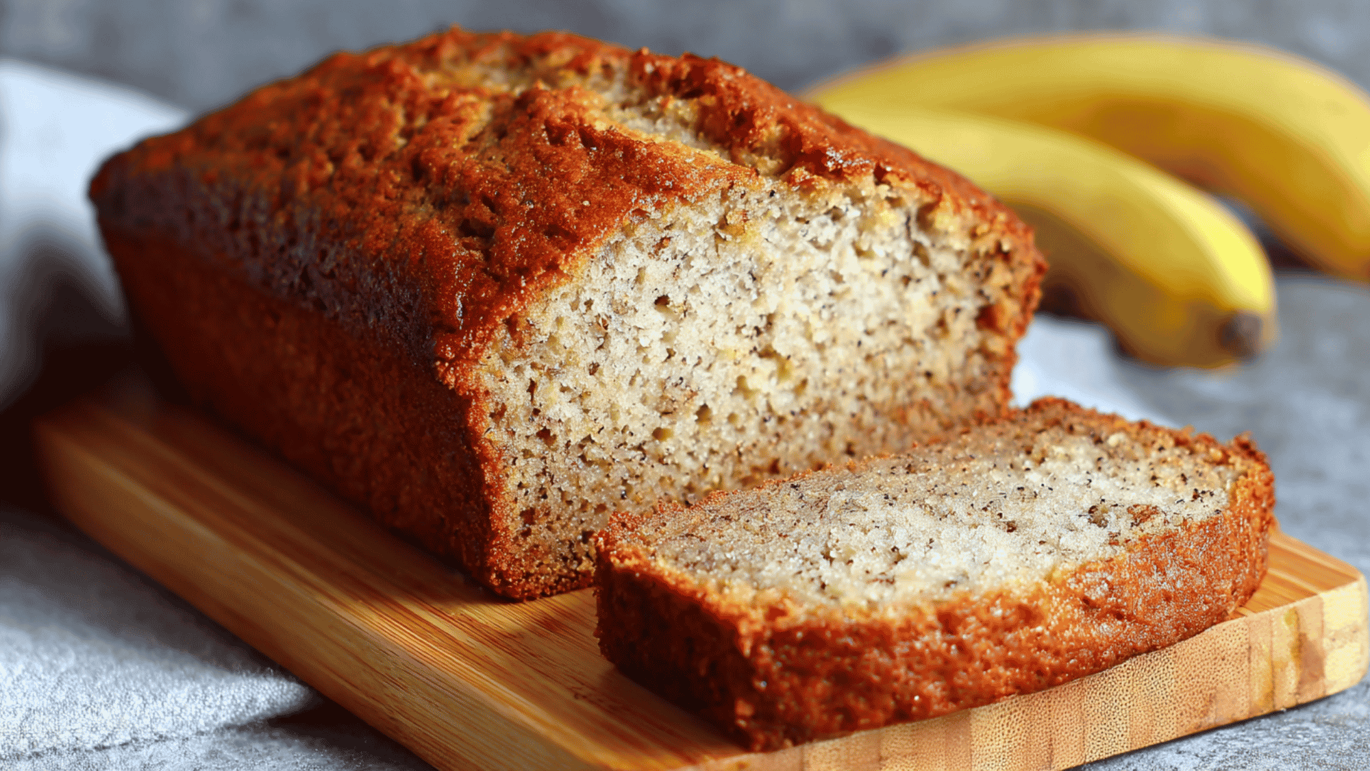 A freshly baked loaf of homemade banana bread cooling on a wire kitchen rack.