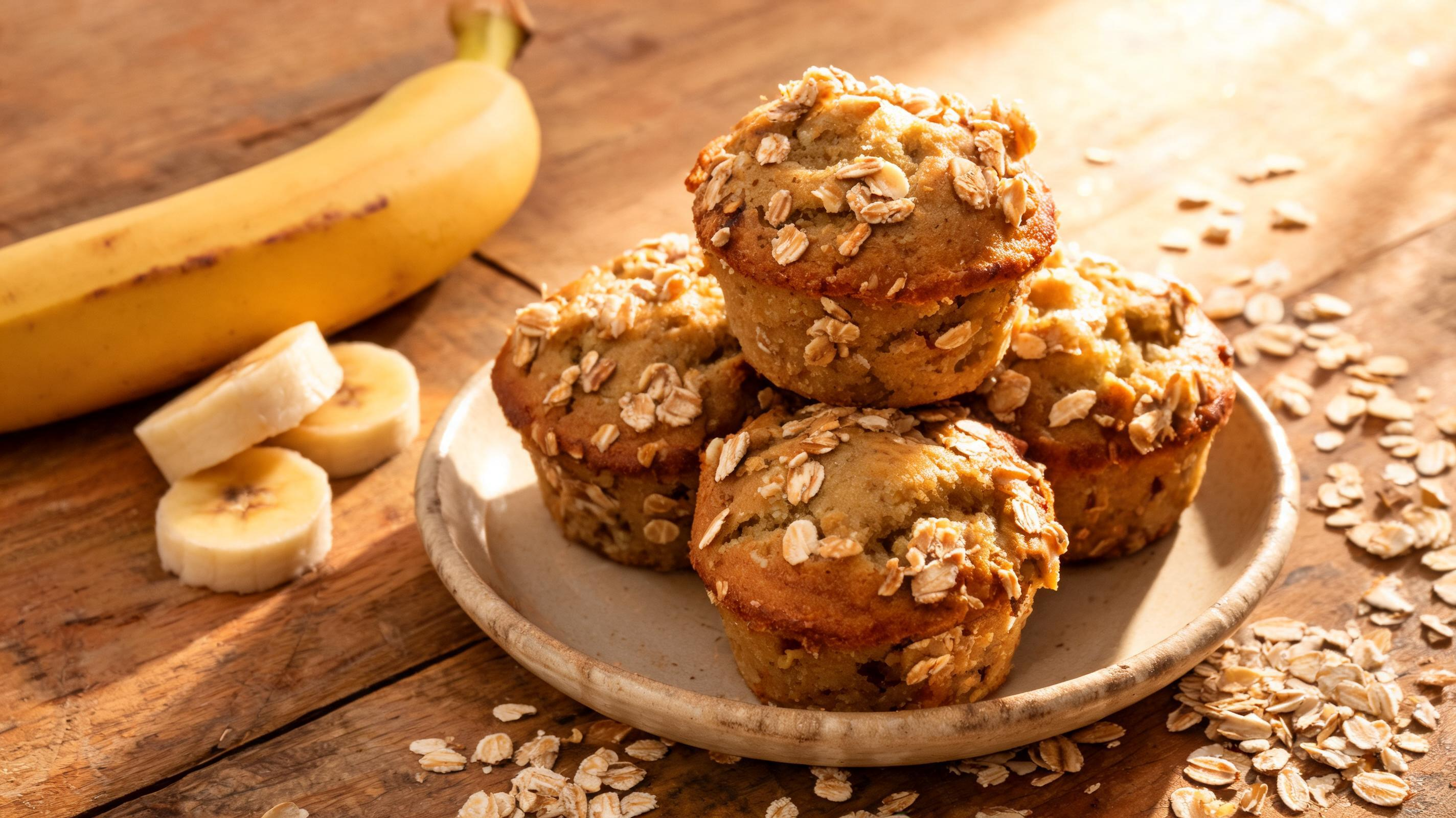 A batch of golden-brown banana oat muffins on a cooling rack.