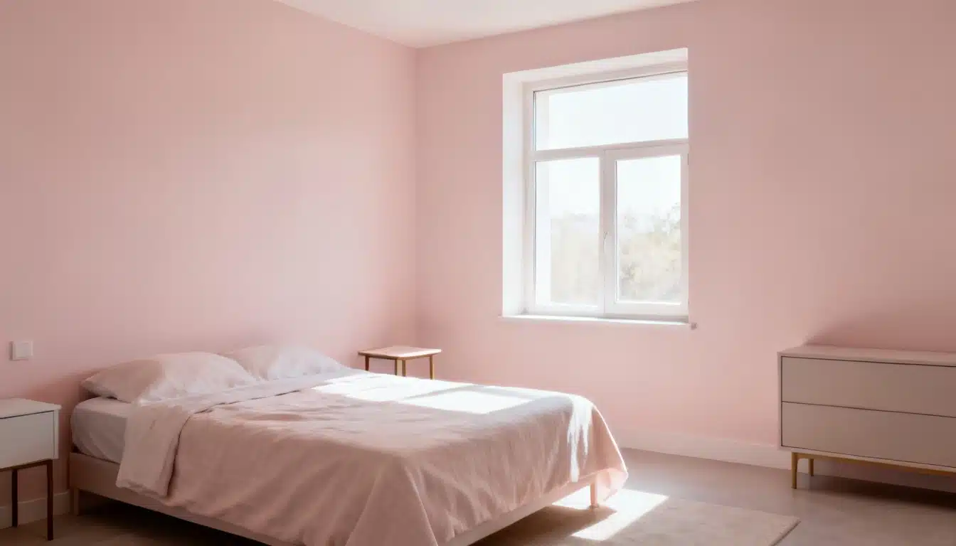 A bedroom with soft pink walls, a neatly made bed, a window with natural light, and a light wood dresser.