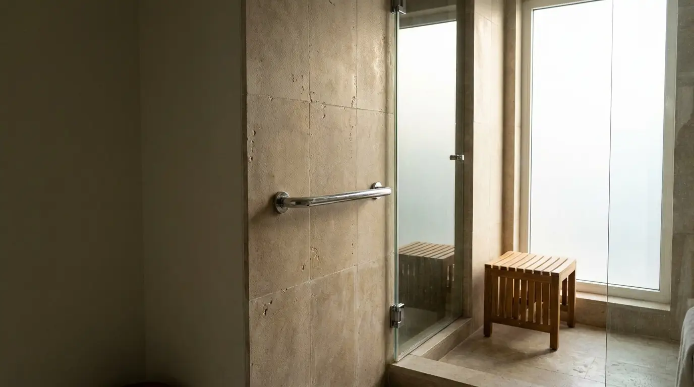 Glass-enclosed shower with frosted window and wooden bench in bright bathroom