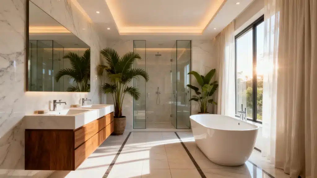 Luxurious bathroom with freestanding tub, double vanity, large mirror, and potted plants in natural light