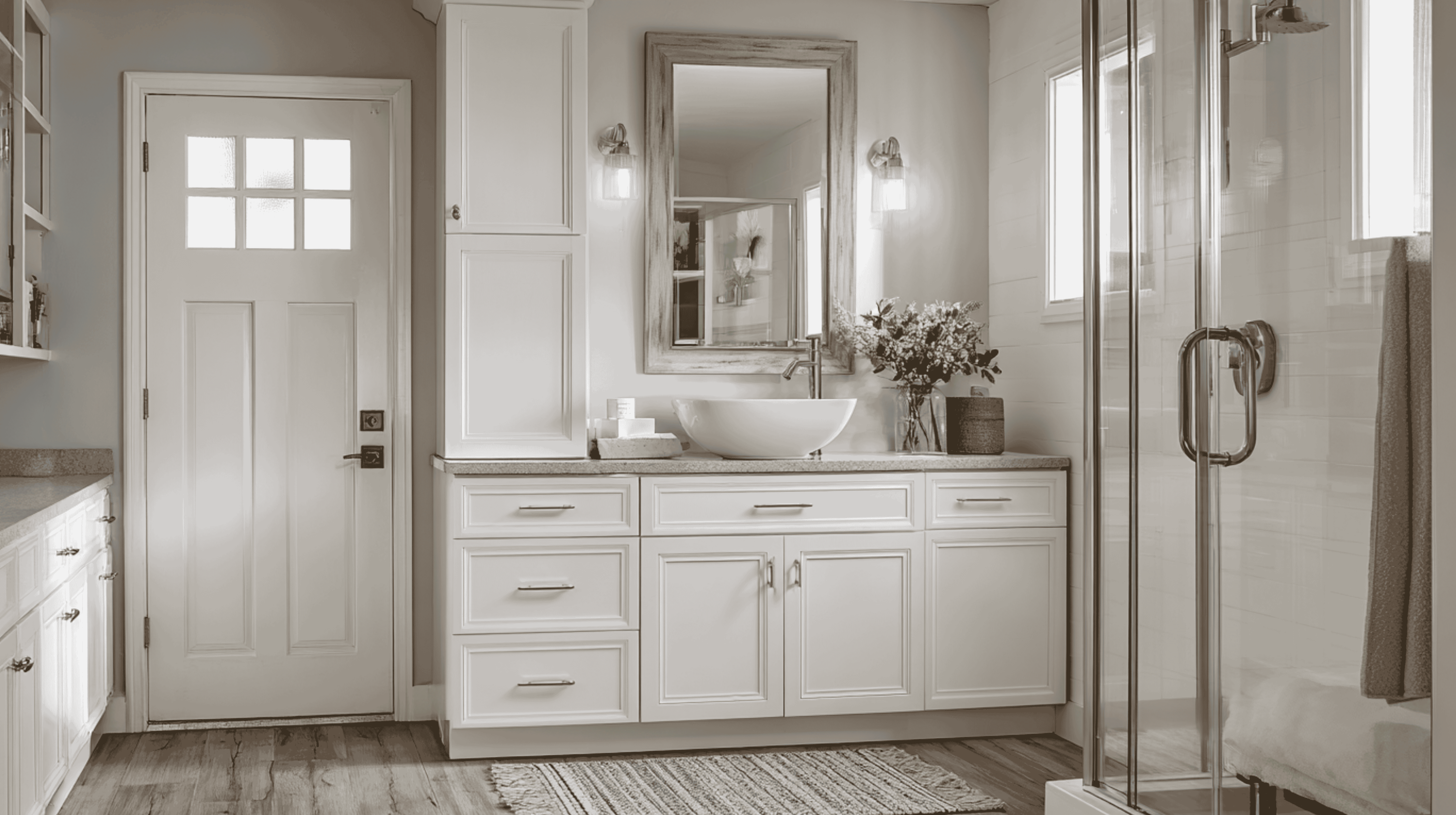 Bathroom with CNC Cabinets vanity cabinets in single sink options, with painted and stained finishes matching kitchen cabinets.