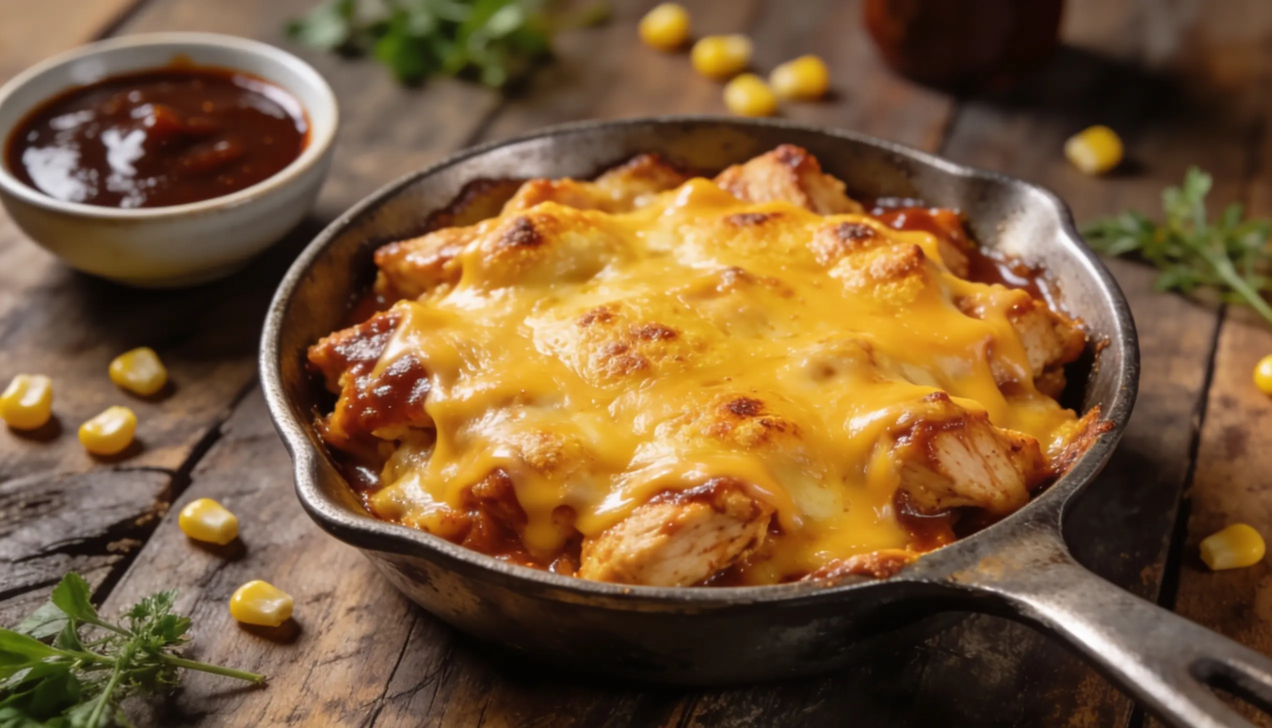 Chicken enchilada casserole in a skillet, topped with melted cheese and garnished with fresh cilantro.