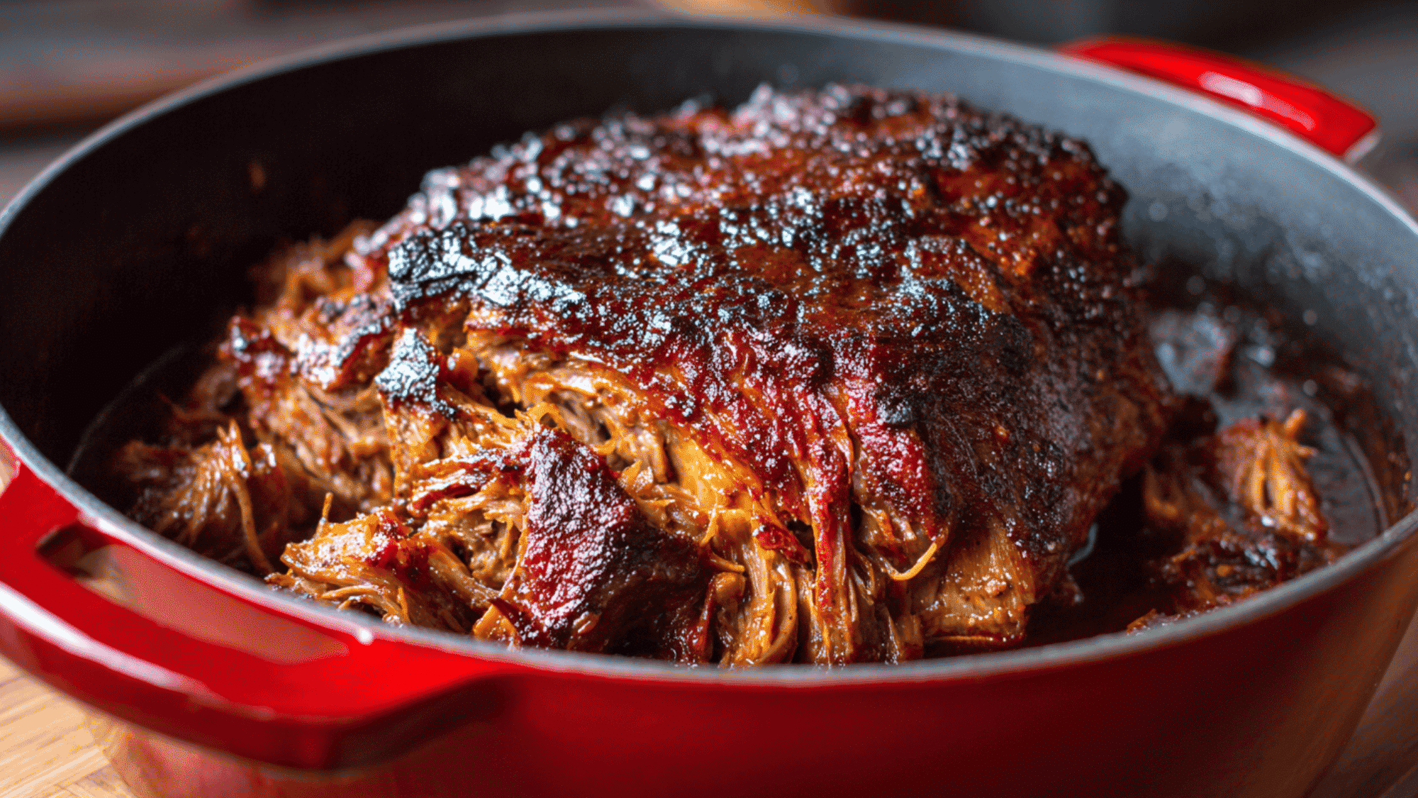 Tender pork shoulder cooking inside a slow cooker, covered in a glossy blend of BBQ sauce, apple cider vinegar, and smoked paprika.